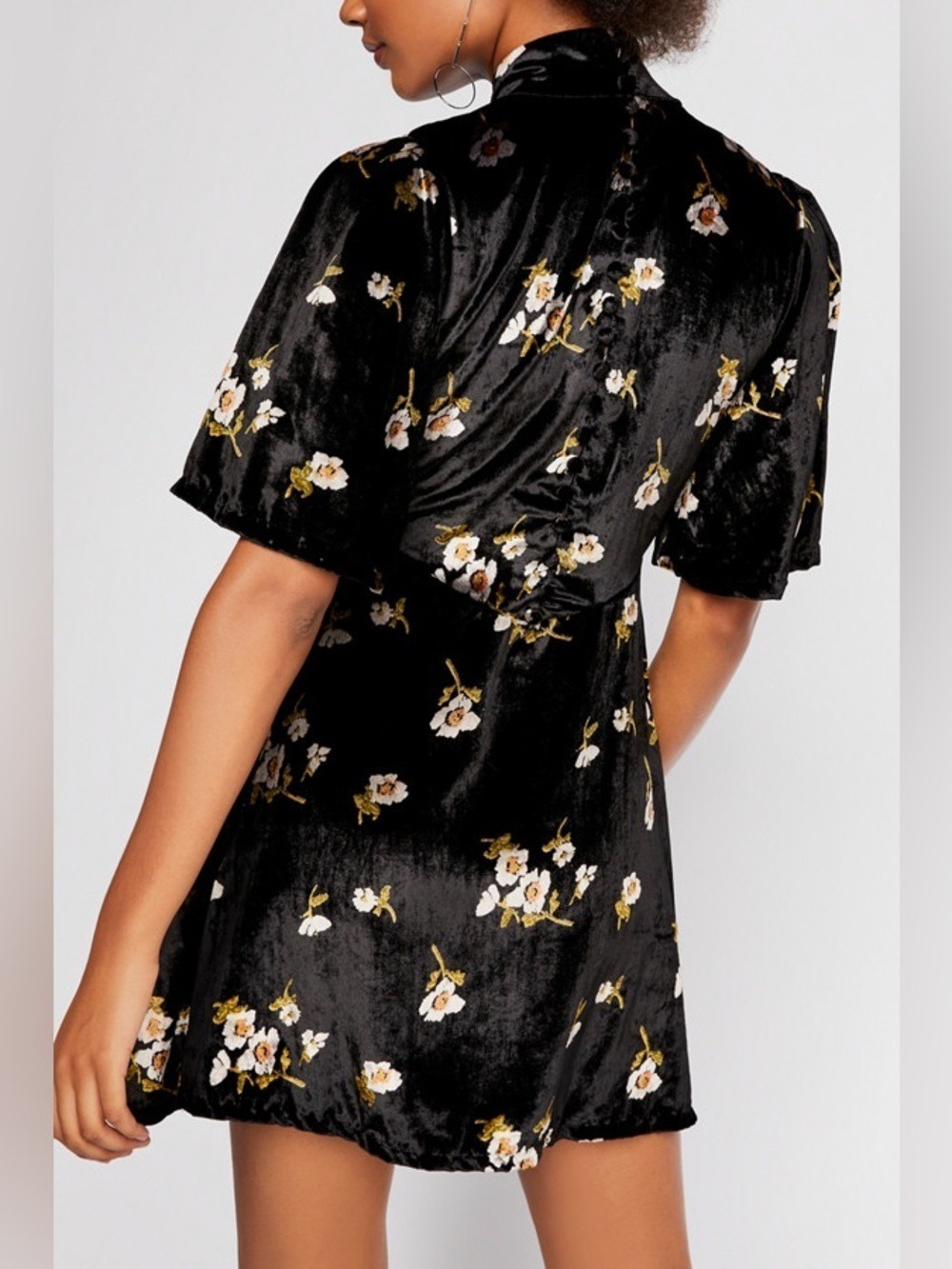 Free People Be My Baby Black Floral Velvet Mini Dress with Flutter Sleeves Sz 2 - Picture 7 of 11